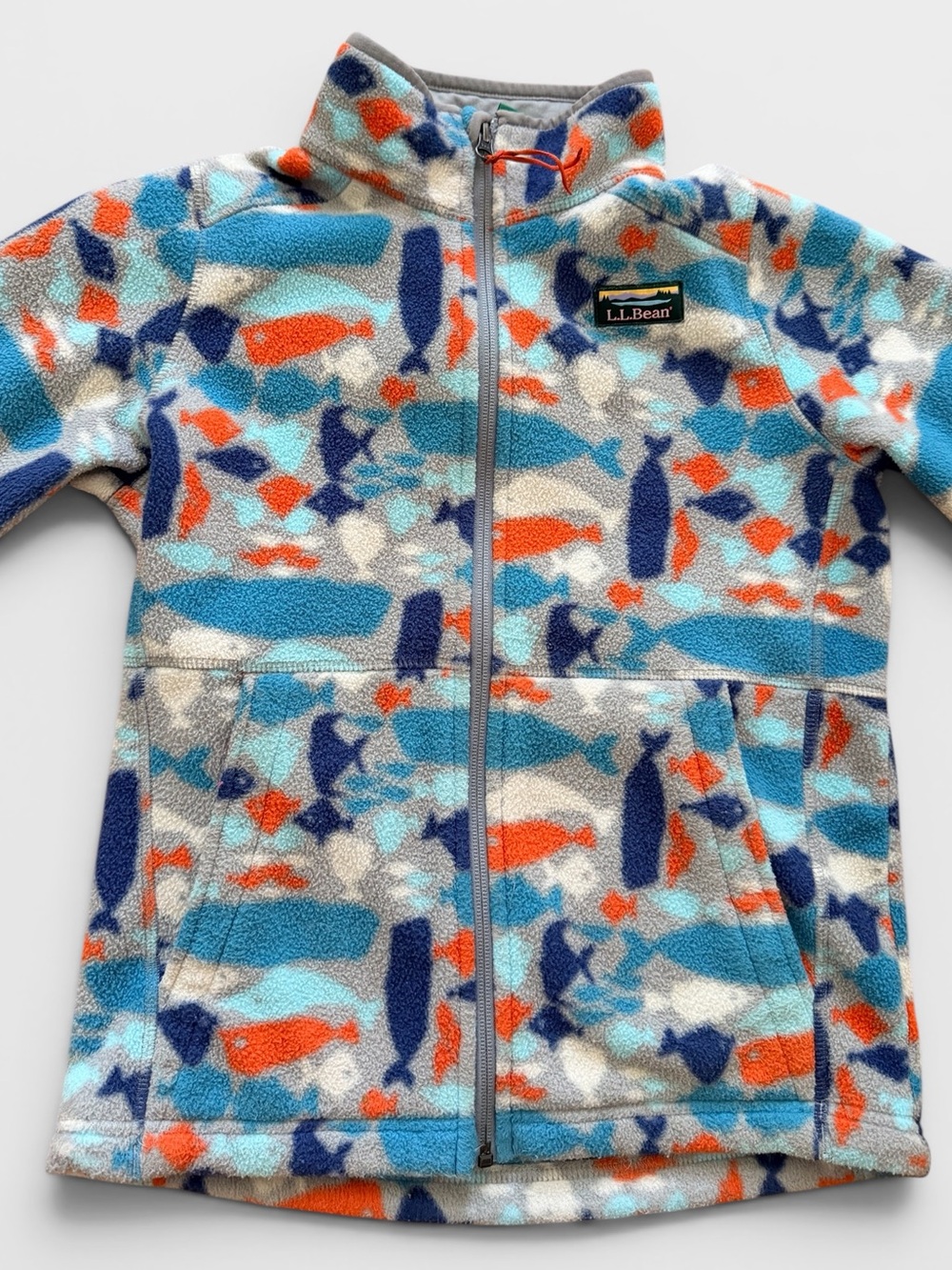 L.L.Bean Kids Fish Print Fleece Jacket Full Zip Youth Medium 10-12 Blue Orange
